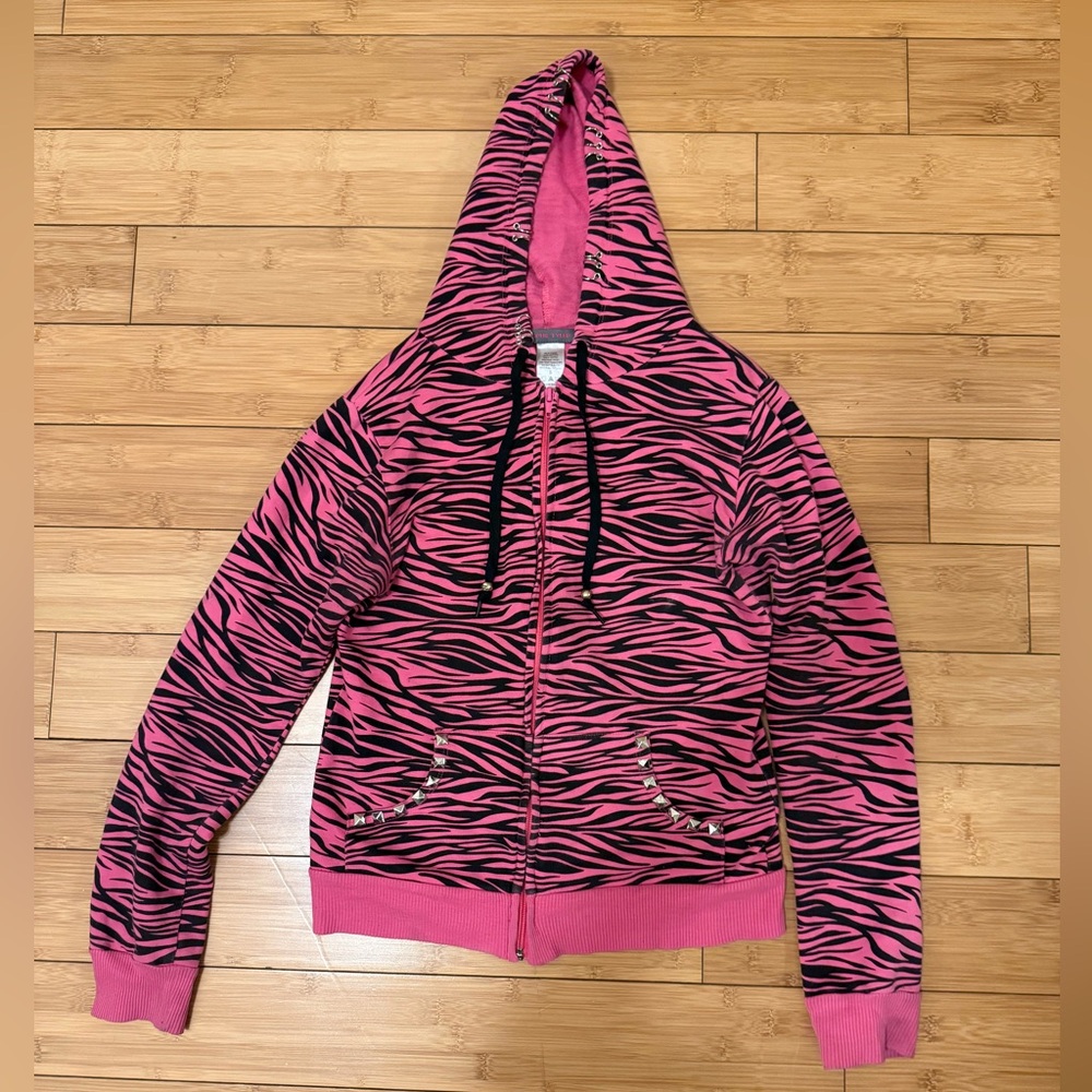 Abbey Dawn Inspired pink black Zebra Stripe hoodie hand studded w pierced hood